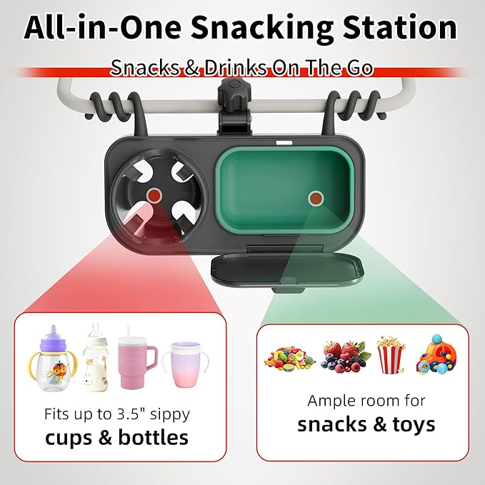 Universal Stroller Snack Tray, with Cup Holder & Removable Silicone Tray – 3-in-1 Stroller Tray Attachment for Uppababy, Nuna, Mockingbird – Easy Clean, Stable Grip, Toddler Snacking On The Go