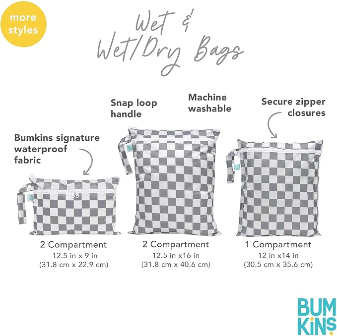 Bumkins - Larger Waterproof Wet Bag - For Baby, Travel, Swim Suit, Cloth Diapers, Pump Parts, Pool, Gym, Toiletry, Strap to Stroller - Reusable & Easy to Clean - 2pk - Beige & Pink Check