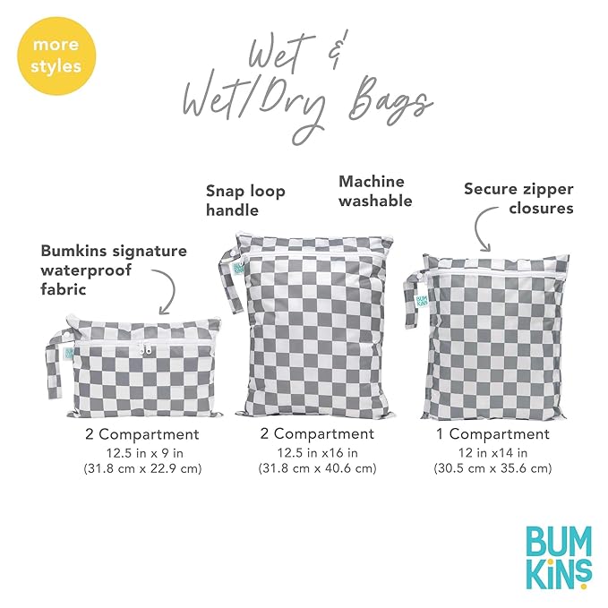 Bumkins Waterproof Wet Dry Bag for Baby, Travel, Swim Suit, Cloth Diapers, Pump Parts, Pool, Beach, Gym Clothes, Toiletry, Hook to Stroller, Daycare, Zipper Reusable Wetdry Packing Pouch, Lunar Gray