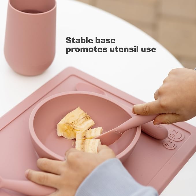 ezpz Happy Bowl - 24 Months + (Blush) - 100% Silicone Suction Bowl with Built-in Placemat – Dishwasher Safe