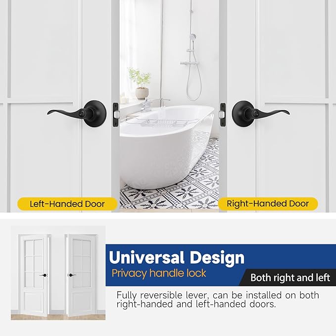 3 Pack Privacy Door Handle with Lock Keyless Door Lever for Bathroom and Bedroom Matte Black Wave Style Interior Door Handles