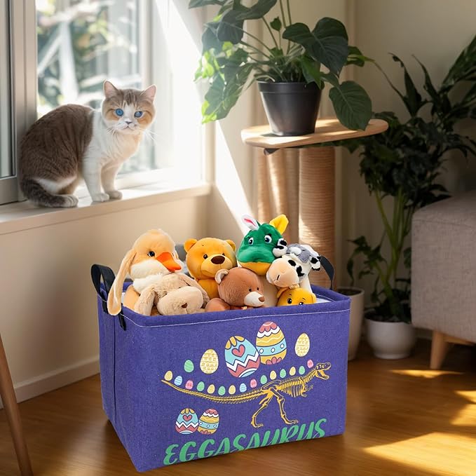 ASKETAM Dinosaur Easter Basket for Kid Large Empty Baby Rectangular Cute Easter Gift Bunny Eggs Décor Storage Basket (Skeleton Dinosaur)
