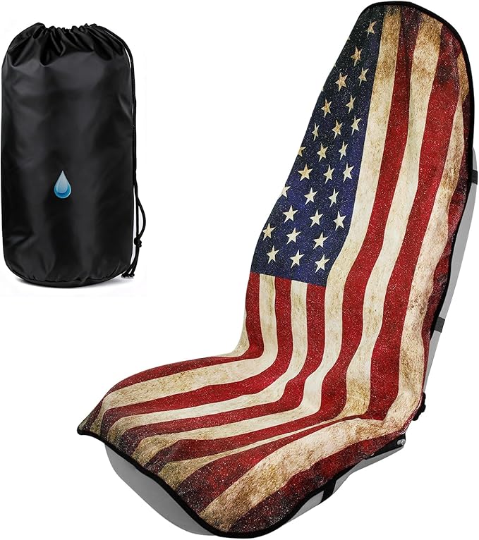 TESFEEL Universal Car Seat Cover Towel, Waterproof Washable Sweat Protection for Front Bucket Seats, Non-Slip Fit, Fits Cars SUVs Trucks, Ideal for Gym, Kids, Pets, (American Flag, 1 Pack)