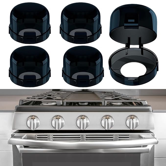 Stove Knob Covers for Child Safety - 5 Pack, Gas Stove Knob Locks, Prevent Kids Pets from Turning on Stoves, Baby proofing, Heat-Resistant Adhesive, (Black)