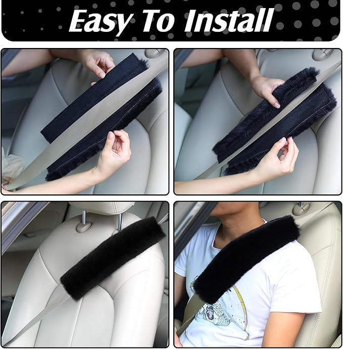 Boao 4 Pack Faux Sheepskin Car Seat Belt Pads Seatbelt Protector Soft Seat Belt Shoulder Strap Cover Comfort Harness Pad(Black, 11.8 Inch)