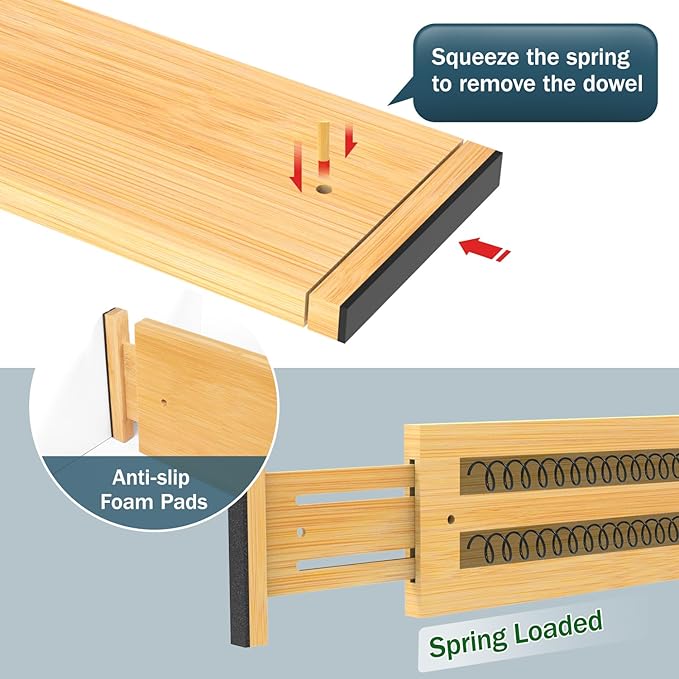 Lzerking Dresser Drawer Organizers 4.65" High, Adjustable from 12-17.5" Bamboo Deep Drawer Dividers, Expandable Organization for Clothes, Dressers, Bedroom, Kitchen Storage
