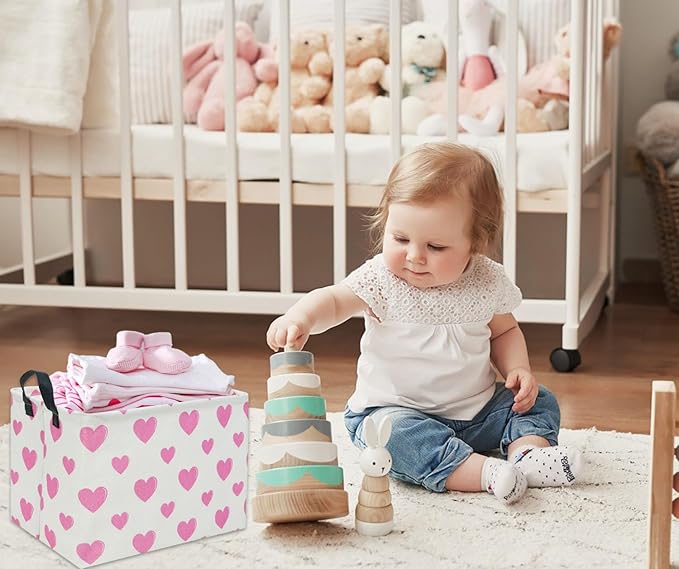 TIBAOLOVER Rectangular Pink Basket Heart Toy Basket Baby Girls Basket Love Gift Basket Cute Kids Toy Storage Bin Organizer Shelf Book Basket Love Room Decor(Pink Love)