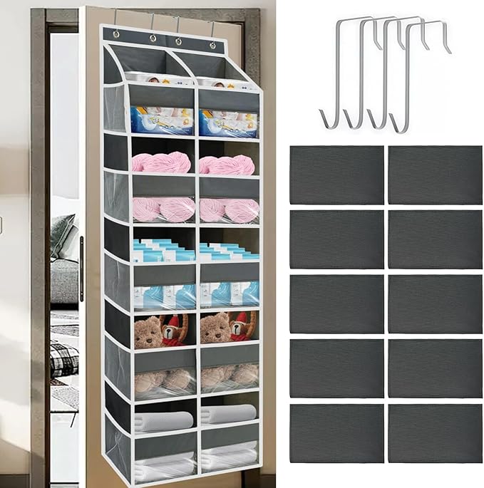 5 Tier Over the Door Organizer with 10 Clear Pockets & 10 Mesh Pockets - Extra Large Behind Door Storage for Closet, Nursery, Bedroom, Pantry | Diaper & Toy Organizer (Gray)