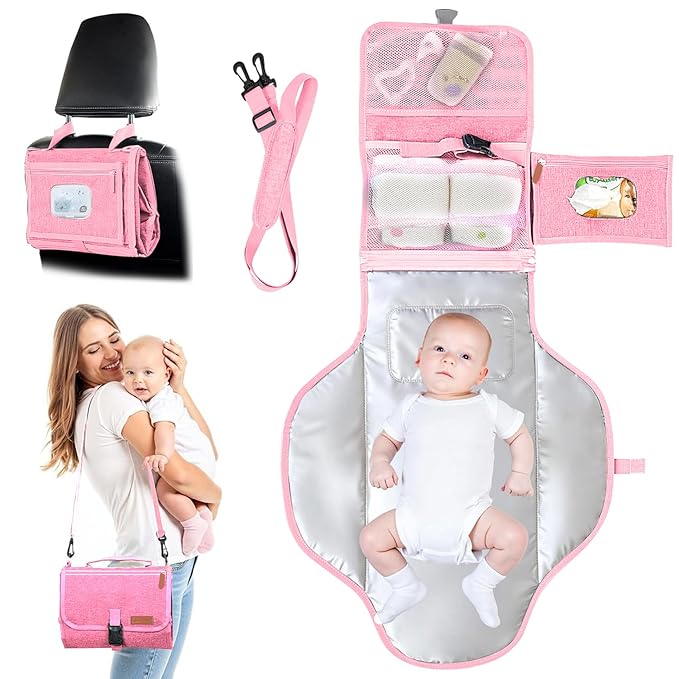 UBRAVOO Portable Diaper Changing Pad - Baby Diaper Changer Travel Bag with Wipes Pocket, Smart Design Portable Changing Mat, Infant Travel Station Kit, Gift for Newborn Girl & Boy (Pink)