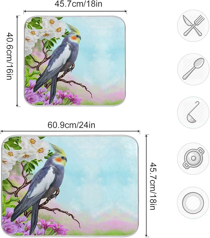 Absorbent Dish Drying Mat for Kitchen Counter - Parrot Peach Blossom Flowers Microfiber Drying Pad, Reversible Drainer Mats for Countertop, Large 18" x 24"