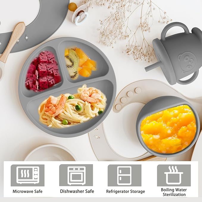 Munlinder Silicone Baby Feeding Set | Baby Led Weaning Supplies Includes Suction Bowls and Divided Plates, Adjustable Bib, Baby Utensils Spoons and Forks,Cup | Baby Feeding Essentials (Grey)