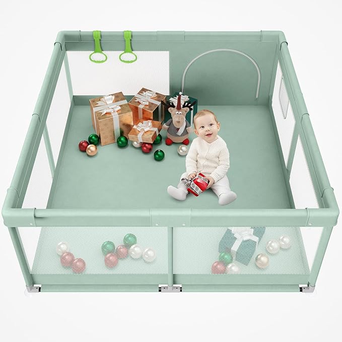 Fodoss Playpen for Babies and Toddlers - 47x47in Baby Playpen, Green Play Pen with Hand Pulling Ring, All-Side Mesh Play Pen for Kids,Baby Fence, Playards