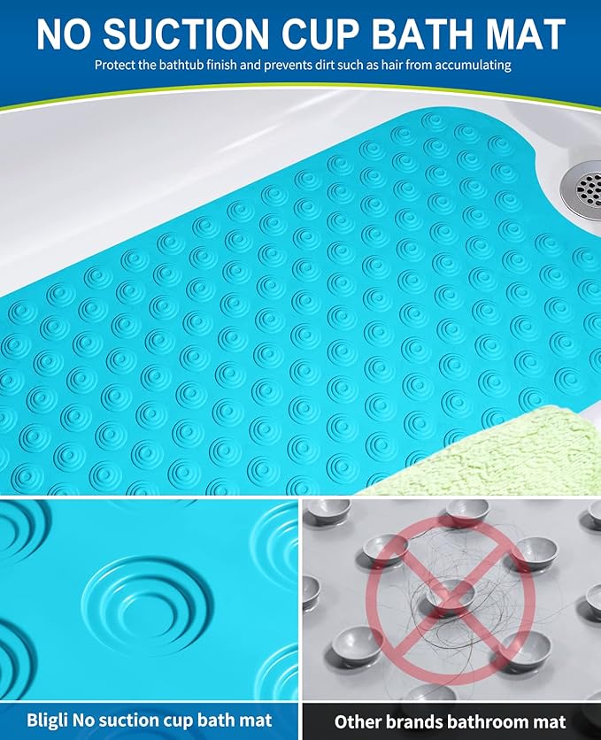 Bligli Bathtub Mat Non-Slip Without Suction Cups, 39x16inch Extra Long Bath Mats for Shower Bathroom, Machine Washable Natural Rubber Shower Tub Mat (39x16inch, Blue)