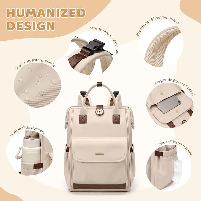 GOLF QUALITY Diaper Bag Backpack,Multi Function Water Resistant Diaper Bag With Hook,Casual Hanging diaper bag for mom,16 Inch,Apricot