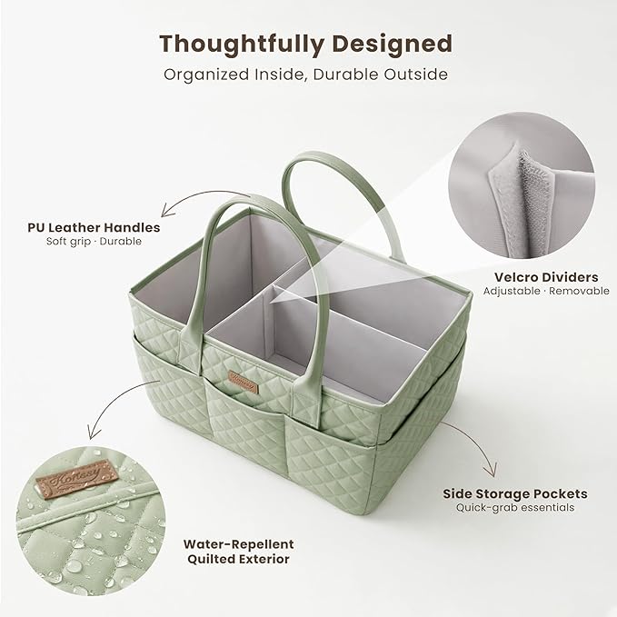 Konssy Quilted Diaper Caddy Organizer, Diaper Caddy Basket with Vegan Leather Handles, Portable Nursery Storage Basket, Water-Repellent Car Organizer, Registry Search Must Haves (Fog Green)