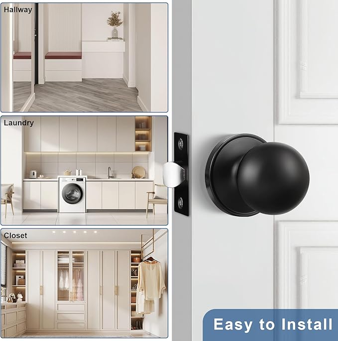 Knobonly 3 Pack Keyless Indoor Door Knob, Matte Black Passage Door Knobs, Interior Door Knobs, Stainless Steel