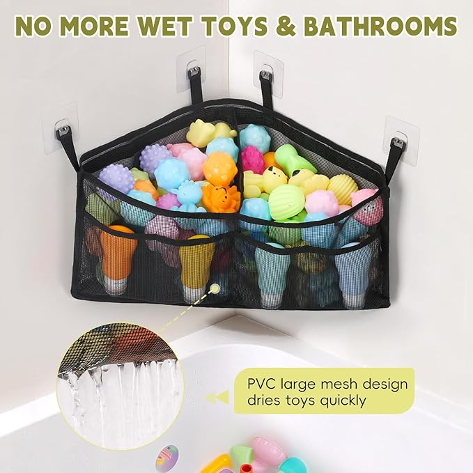 Goowin Bath Toy Organizer, Triangle Corner Bath Toy Storage, Quick Access Bath Toy Holder for Bathtub, Large Capacity Bath Storage for Toys, Quick Dry Mesh Toy Holder for Bath Hanging (Black)