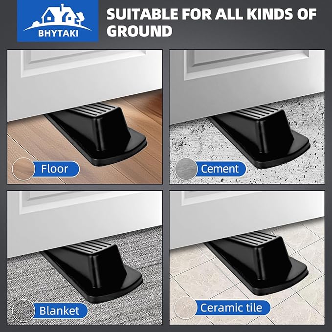 Door Stoppers for Bottom of Door on Floor, Premium Rubber Stoppers Wedge, Door Stops for Carpet Heavy Duty, Door Stoppers for Bottom of on Tile, Concrete, Wooden Floor, Door Gaps (Black, 2 Pack)