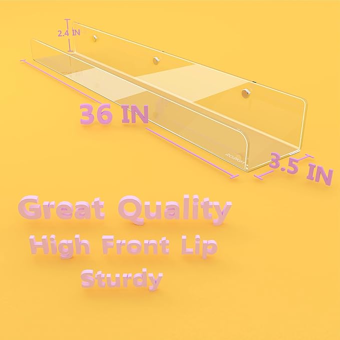 RORKIM 36 Inch 50% Thicker Clear Acrylic Book Shelves, Invisible Kids Wall Bookshelves for Baby Storage Book Rack, Toy Organizer, Book Display, Playroom, Bedroom, Toddler Room, Nursery 2 Packs
