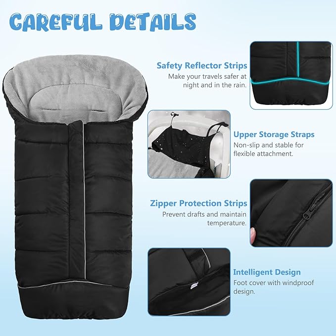 Universal Baby Footmuff for Strollers,Stroller Cover for Winter with Hooded Design,Waterproof and Windproof Winter Sleeping Bag with Coral Fleece Lining, Baby Bunting Bags for Most Strollers (BLACK)
