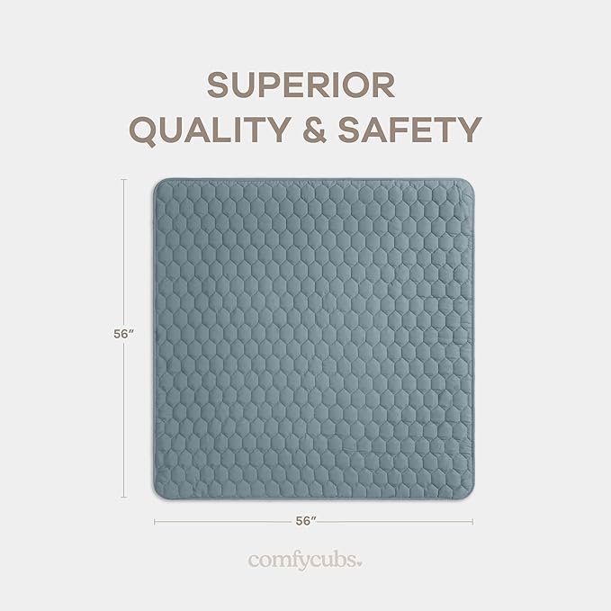 Comfy Cubs Square Kids Play Mat - 56 x 56 inches Soft Quilted Baby Floor Mat with Non-Slip Bottom - Plush Design for Toddlers' Playtime - Comfortable and Durable - Pacific Blue