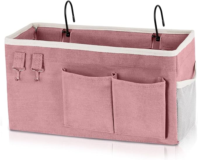 Bedside Caddy Organizer Hanging Storage Bag with Pockets for Books, Magazines, Phone, Tablet & Water Bottle – Bedside Storage for Dorm, Bunk Beds, Hospital Beds & Cribs, Pink
