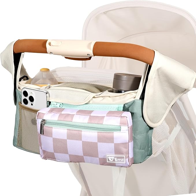 Universal Stroller Organizer with Insulated Cup Holders and Detachable Phone Bag,Stroller Caddy Fits for Stroller Accessories like Uppababy, Baby Jogger, Doona, Nuna Stroller (Green Square grid)
