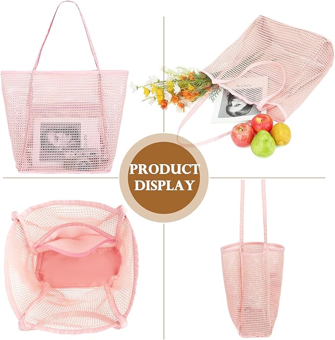 Mesh Beach Bag, Large Beach Tote with Zipper Pocket for Family Pool Bag for Toys & Vacation Essentials