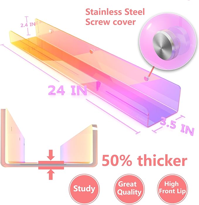 RORKIM 24 inches Iridescent Acrylic Bookshelf for Kids, Wall Mounted Kids Display Book Shelves for Room Nursery Toddler Classroom (2 Packs)