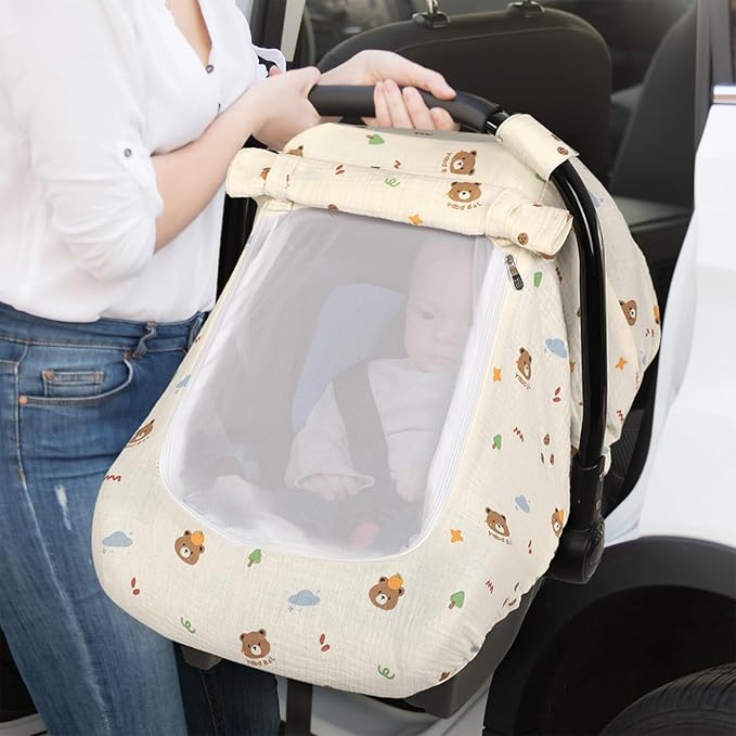 Hooyax Muslin Car Seat Cover Baby - Breathable and Privacy Car Seat Canopy with 3 Modes - Easy Install & Gift Box Packaging, Universal Fit for Infant Car Seats, Bear