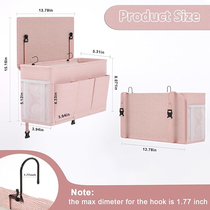 Edudif Dual-purpose Bedside Caddy Bedside Organizer, Bed Caddy with 6 Pockets, Versatile Bedside Storage Solution Magazine Remotes holder, ideal for Home, Dorm, Hospital, Crib Bed (Pink 2pcs)