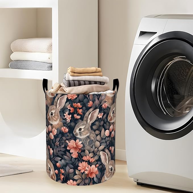 Adorable Rabbit Pink Flowers Foliage Laundry Basket with Handles, 19.7"x15.7" Clothes Foldable Laundry Hamper Organizer for Dorm Nursery Bedroom Bathroom Decor, Toy Storage Bin for Kids