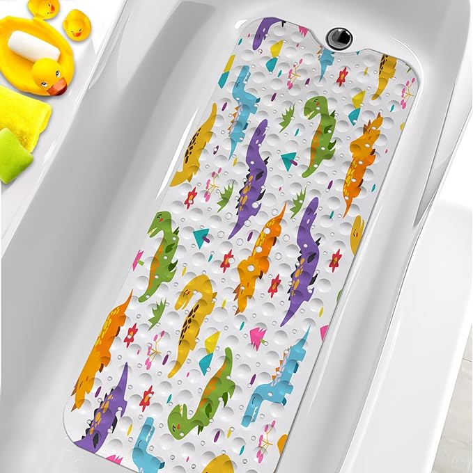 KINUUIS Bathtub Mats for Kids, Cartoon Dinosaur Bath Mat for Tub Non Slip, 40 X 16 Inch Large Washable Bathtub Mat Non Slip for Showers with Drain Holes and Suction Cups