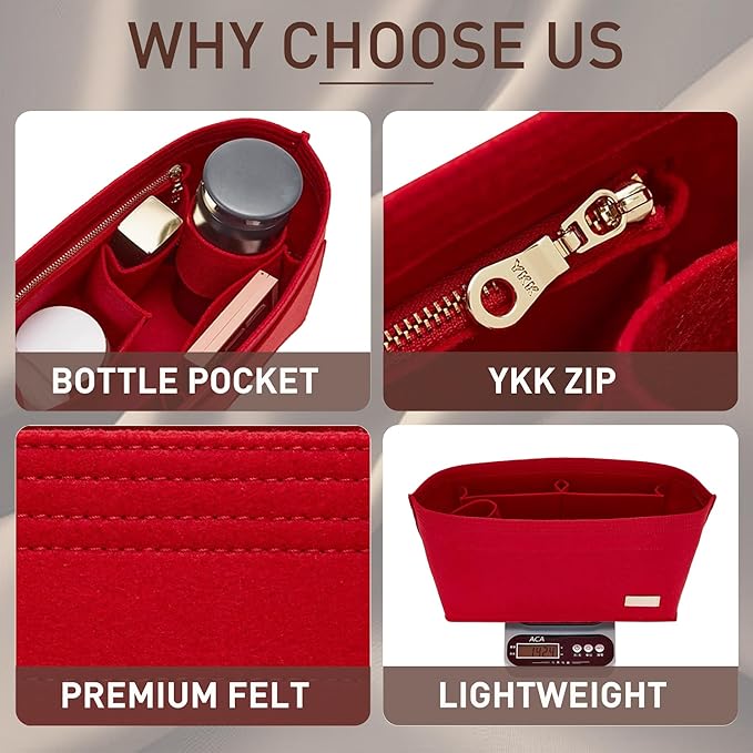 Doxo Purse Organizer Insert, Felt Bag Insert Tote Fit L Speedy 35, Neverfull PM & Base Shaper 2pc Set(Medium-Red-Combination)