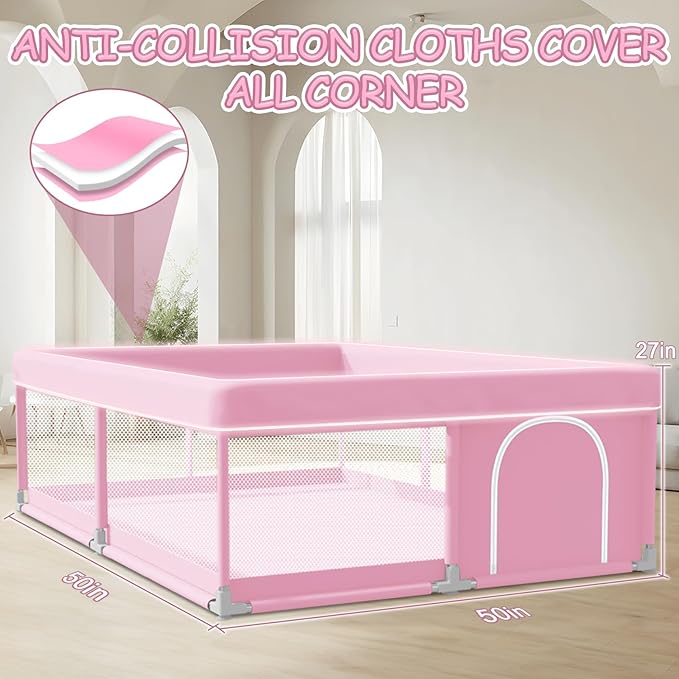 Baby Playpen 50 x 50 Inch Play Pen Playards, Playpen for Babies and Toddlers, Baby Playard for Indoor & Outdoor Active Center Game Fence, with Skin-Friendly Fabric and Soft Breathable Mesh Pink