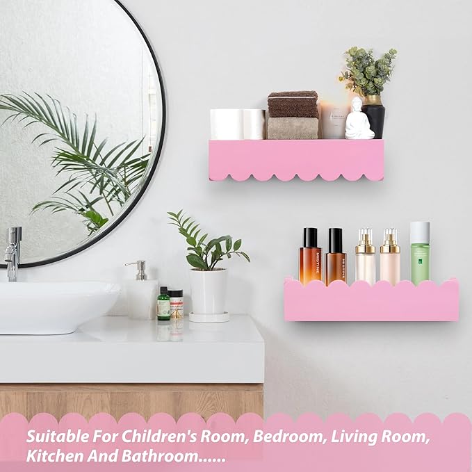 Wood Floating Shelves for Wall,Nursery Bookshelf,Kids Book Shelf,Baby Toys Storage Decor Organizer Wall Mounted for Living Room Bedroom,Wavy Edge,Preassembled,4 Pack,Scalloped Pine(Pink)