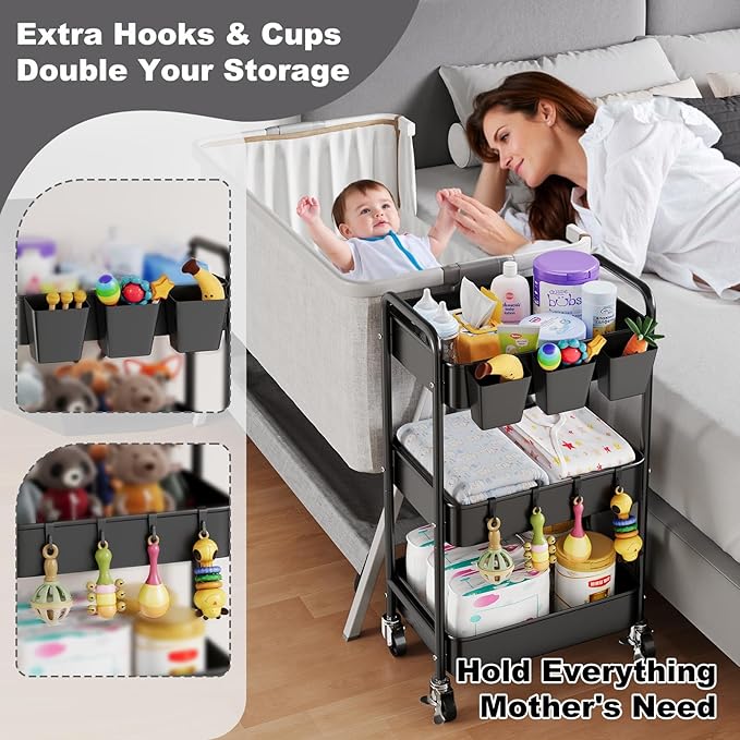 Baby Diaper Caddy Organizer and Storage, 3 Tier Rolling Cart with Wheels for Newborn Nursery Essentials, Baby Organizers for Changing Table, Crib, Bedroom, Movable Bedside Organizatio (Black)