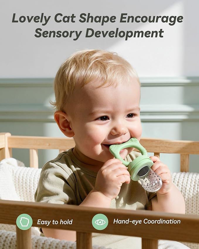 Silicone Baby Fruit Food Feeder (2 Pack) with Freezer Nibble Tray, Breastmilk Popsicle Molds for Baby Teething Relief, Feeder for Safe Infant Self Feeding, BPA Free, Dishwasher Safe, 3 Month+ Green