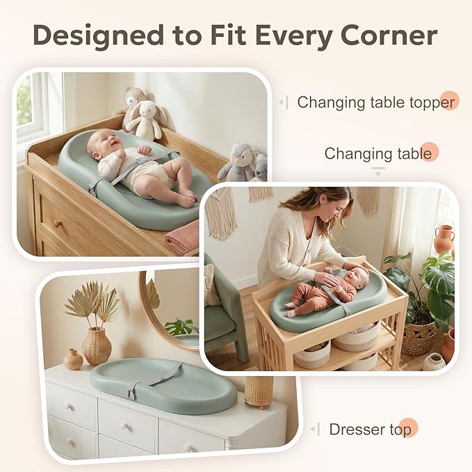 Mallify Baby Changing Pad with Waterproof and Non-Toxic Surface, Changing Table Pad with Adjustable Safety Belt, Easy-Clean & Portable Changing Pad for Dresser(Green)