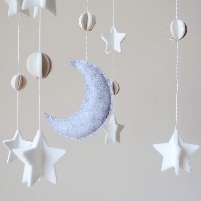 Baby Crib Mobile – Wooden Hanging Nursery Baby Mobile for Crib, Nursery Decor for Boys & Girls, Perfect Shower Gift, Moon & Stars (Grey, White & Cream) Also Fits Bassinets, Sorrel + Fern