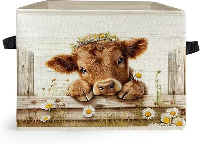 Ghoaoivo Rustic Daisy Floral Highland Cow Storage Box Bins, Highland Cow Gifts Collapsible Storage Basket Organizer for Bedroom Laundry Room Kids Nursery Clothes Toys Books, Toybox for Girls