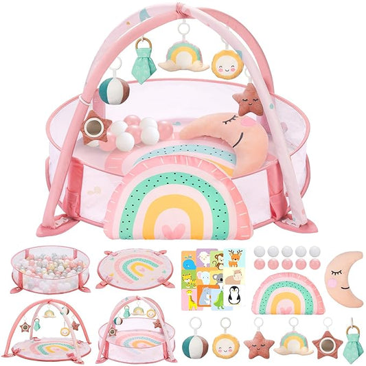 7-in-1 XL Large Baby Play Gym Mat, Tummy Time Mat, Baby Gym & Ball Pit, Baby Activity Mat with Milestone Cards & 6 Detachable Toys for Sensory Motor Skill, Rainbow