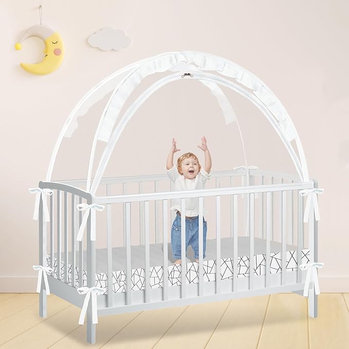 Crib Tent - Crib Net to Keep Baby in, Stop Baby from Climbing Out of Crib, Pop Up Crib Tent with Durable Breathable Net Double Zipper Strong Rods Installation Convenience (Black Line, Large)
