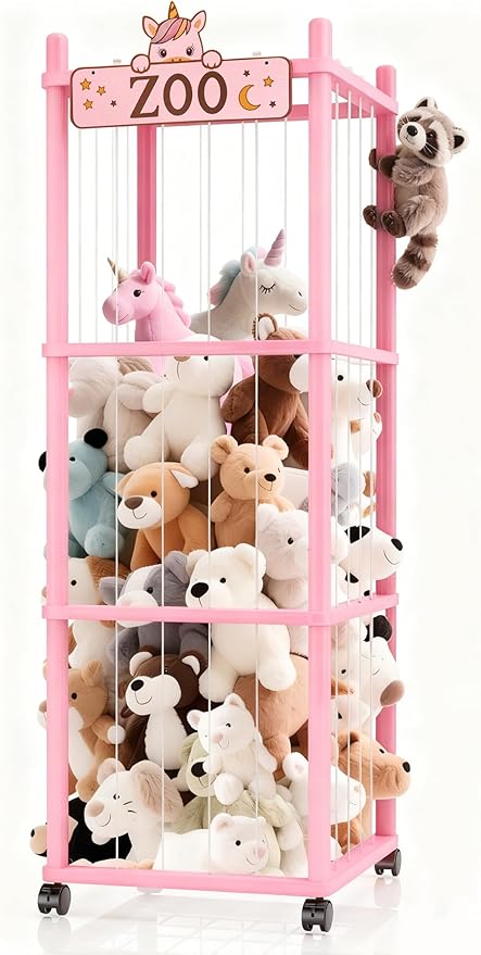 Stuffed Animal Storage Zoo Tower,56In Wooden Large Stuffed Animal Holder Organizer with Wheels,Stuffy Plushies Storage with Elastic Band&Mesh Bottom,Toy Organizers for Playroom Nursery（Pink）