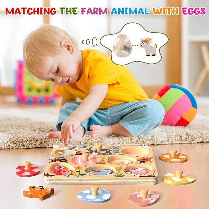 Zeoddler Wooden Puzzles for Toddlers, 8 Pcs Farm Animal Matching Egg Puzzle, Montessori Toys for Boy Girl Easter Birthday Gifts, Preschool Learning Activities & Educational Toys for Boys, Girls