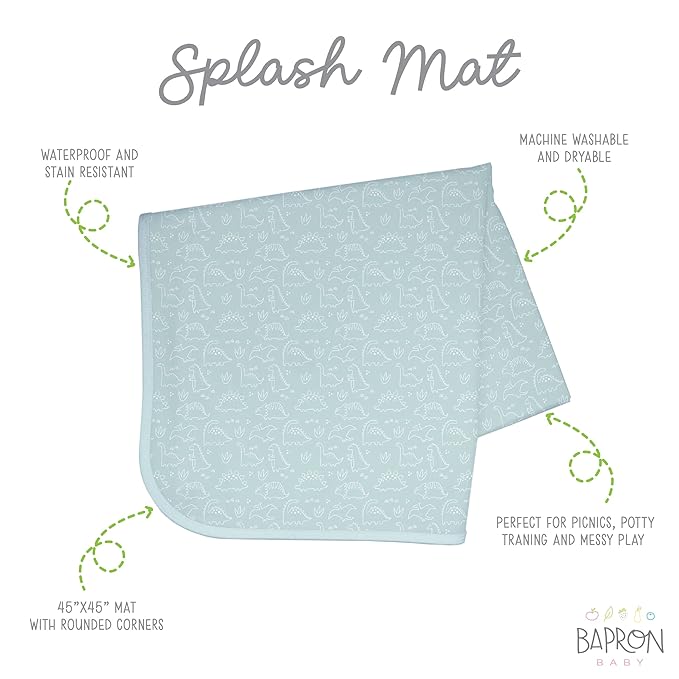 BapronBaby Dino Friends Sage Splash Mat - Waterproof Catch-All for Under High Chairs, Floors, Tables, Playtime or Arts & Crafts - Machine Washable - 45" x 45”