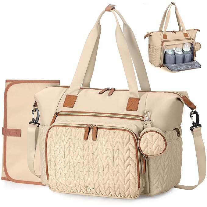 Tonyeee Diaper Bag Tote, Large Baby Diaper Bags Waterproof, Hospital Bag for Labor Delivery with Pacifier Case, Changing Pad, Shoulder Strap, khaki