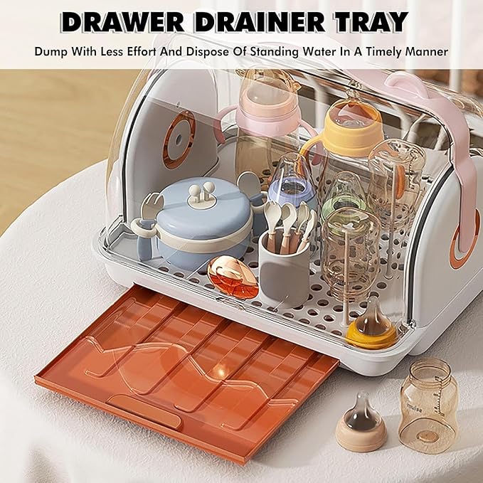 Nollapo Baby Bottle Drying Rack Storage with 3 Brush, Nursing Bottle Storage Box Organizer with Cover, Portable Kitchen Cabinet Organizer, Durable countertop Dryer (Orange)