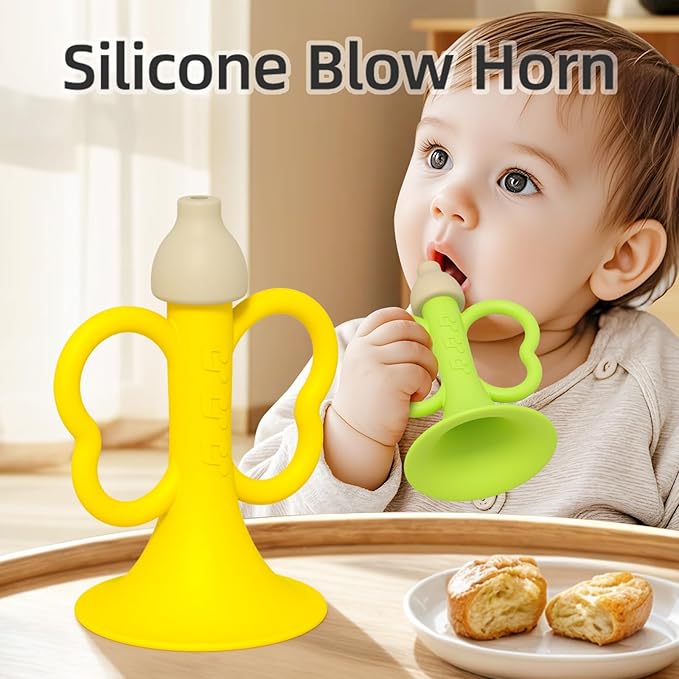 Baby Trumpet Toy 6-12 Months, Silicone Baby Horn Blowing Toy with 2PCS Yellow Green for Teething Sensory Play, Infant Easy Grip Teether Whistle Toys 0-6 Months, Toddlers Newborn Gift