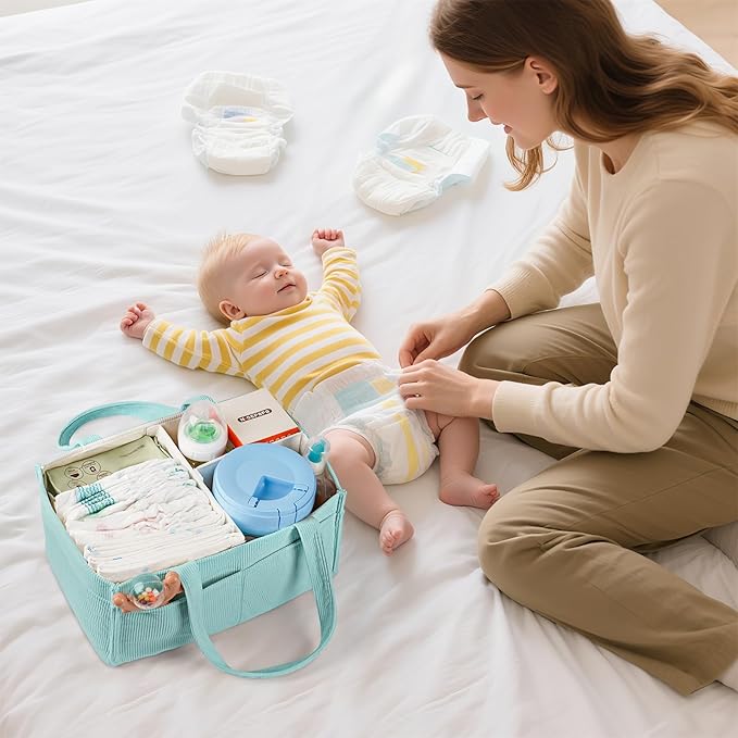 Baby Diaper Caddy Organizer - Portable Nursery Storage Basket for Newborn Essentials, Foldable Diaper Bag Organizer for Baby Shower Gifts and Registry Must-Haves, Car Organizer with Dividers (Blue)